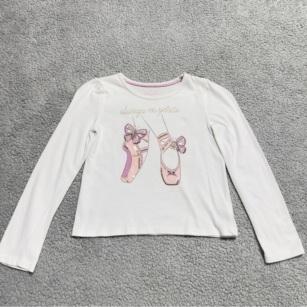 LULURAIN Girls White Ballet Shirt, Size M(7/8), Always On Pointe Graphic Tee